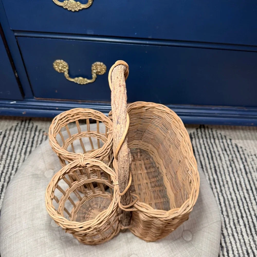Vintage Wicker Rattan Wine Bottle Caddy 3 Compartment Branch Handle Boho Basket‎